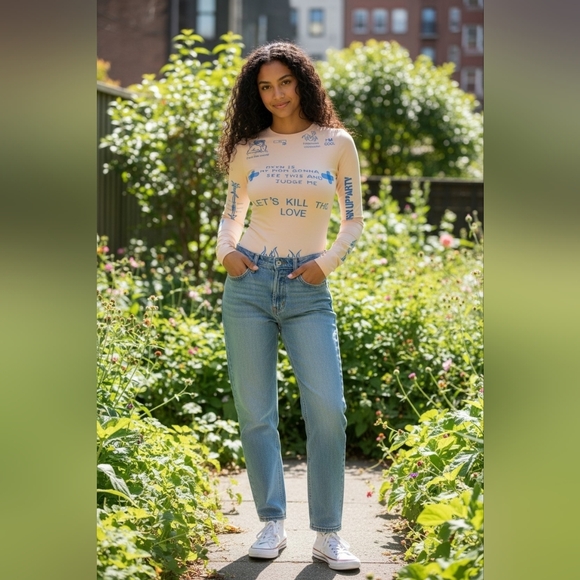 Tops - Graphic Long Sleeve Bodysuit - Beige and Blue